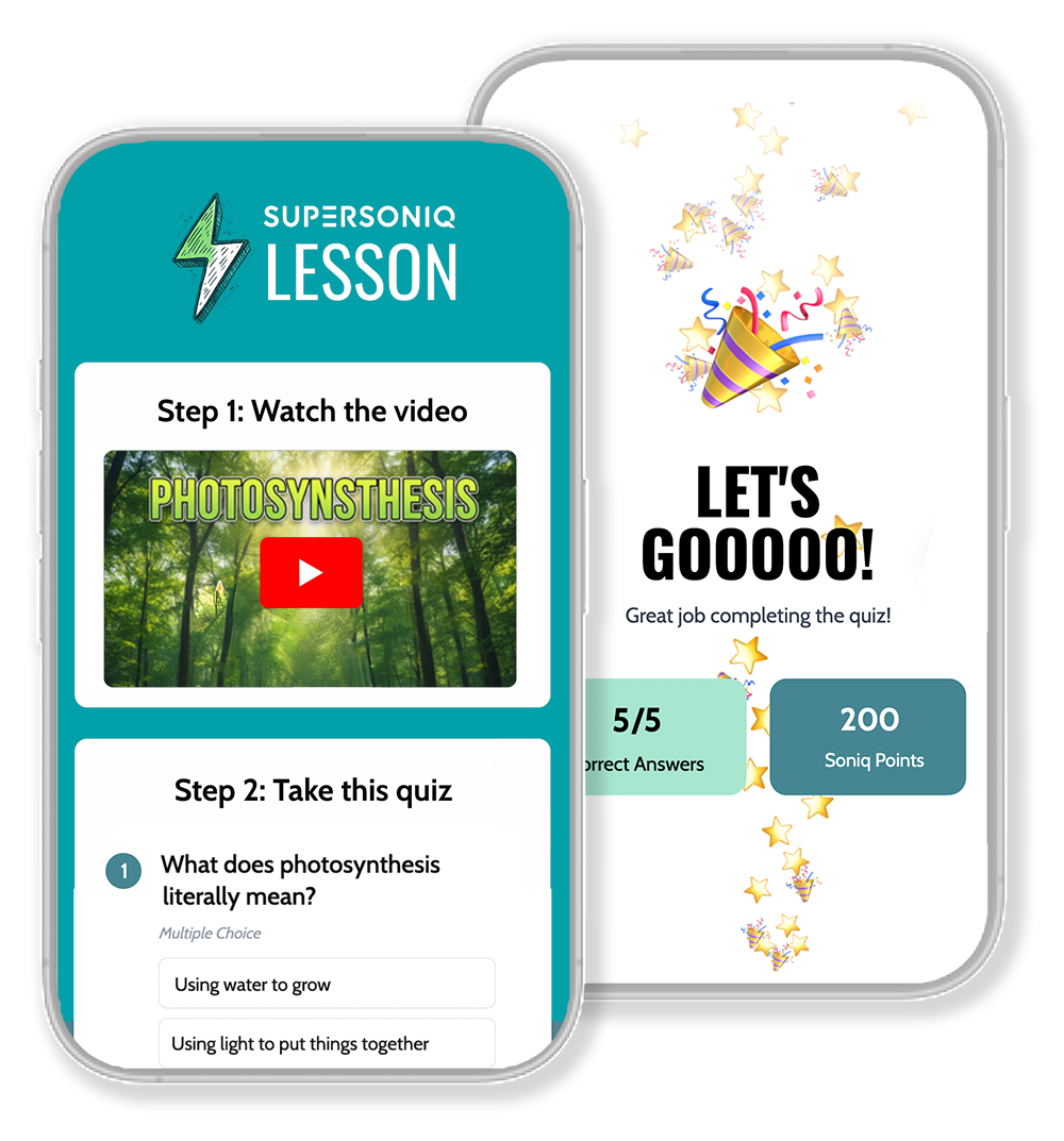 Supersoniq Demo - Mobile phones showing lesson interface and quiz results with celebration